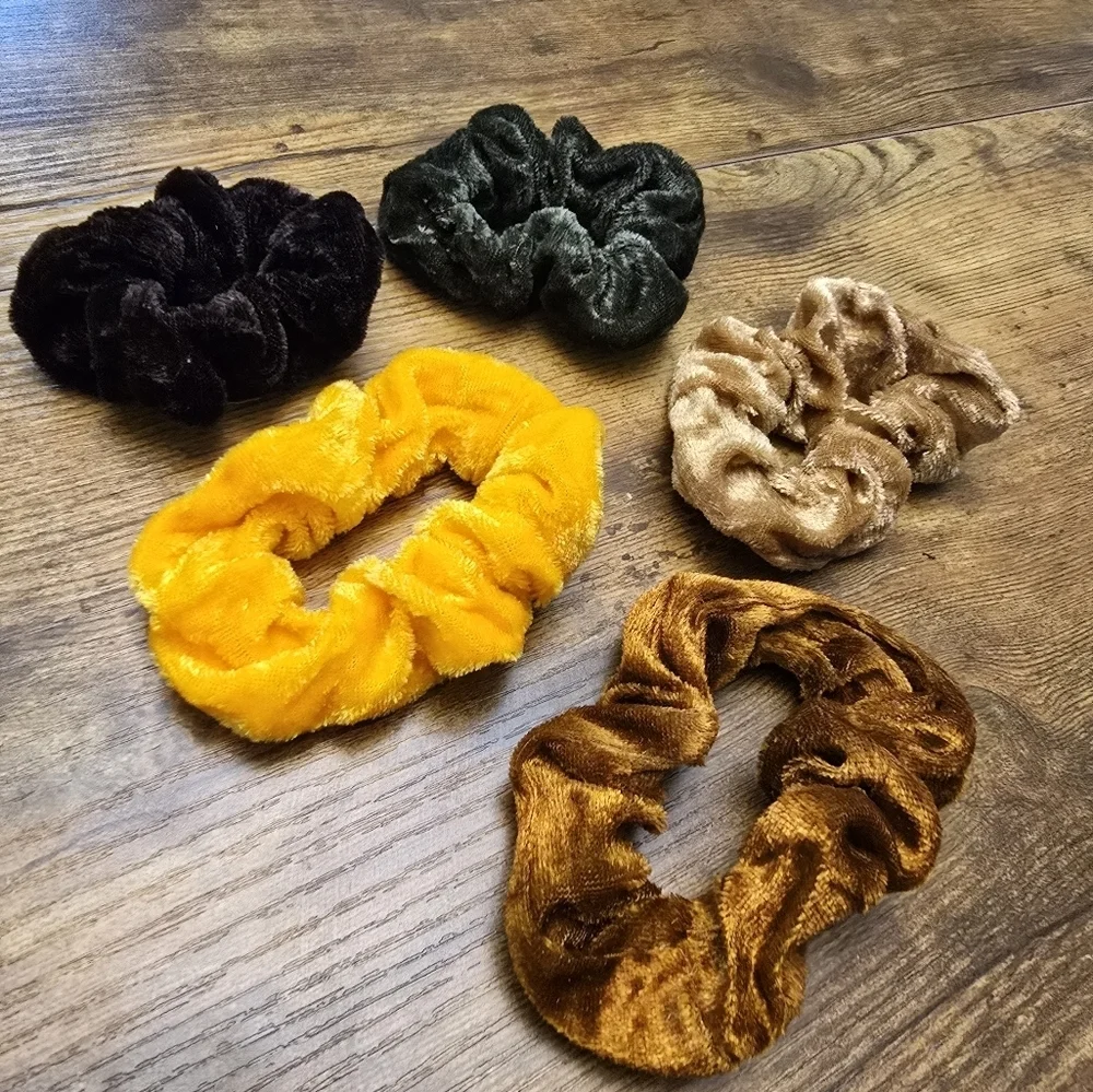 New Velvet Scrunchies Set of 5 Black, Green, Yellow, Brown, Tan